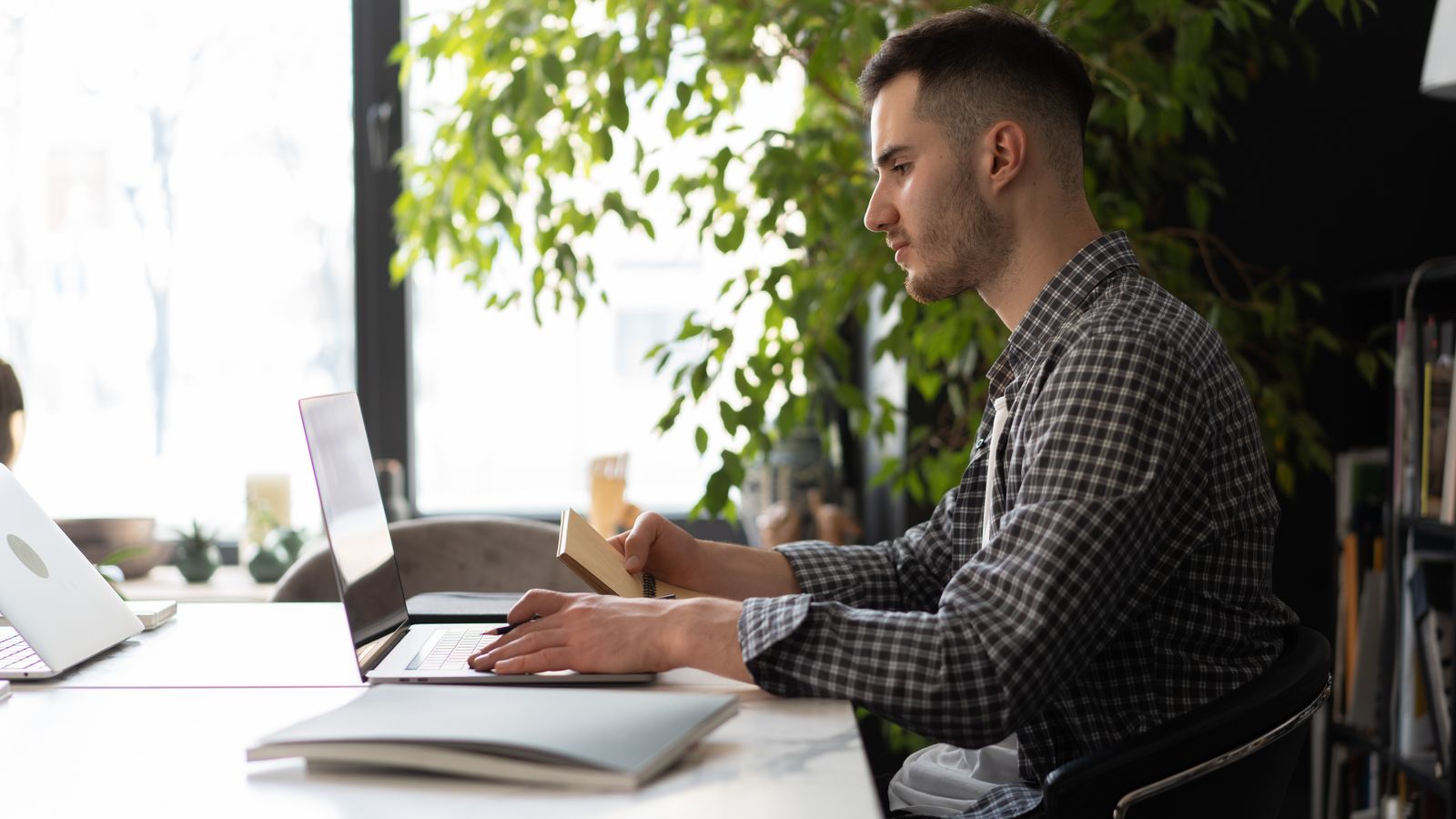 Man working on a laptop in a bright office with natural light and plants